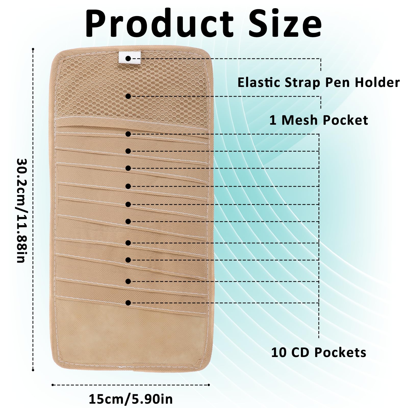 JJUNW Car CD Holder Storage Case, Car CD Case Holder, Car Truck SUV Visor Organizer, Khaki Large Capacity CD Visor Case with 10 DVD Storage Sleeves 1 Mesh Pocket 1 Pen Holder Elastic Strap