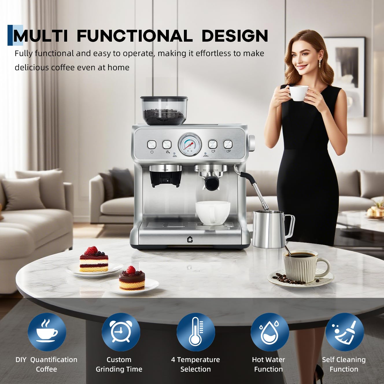 Macchina per Espresso Semiautomatica in Acciaio Inox - 15 Bar con Macinacaffè Integrato e Schiumalatte, Serbatoio 1.2L Rimovibile, 30 Regolazioni di Macinatura