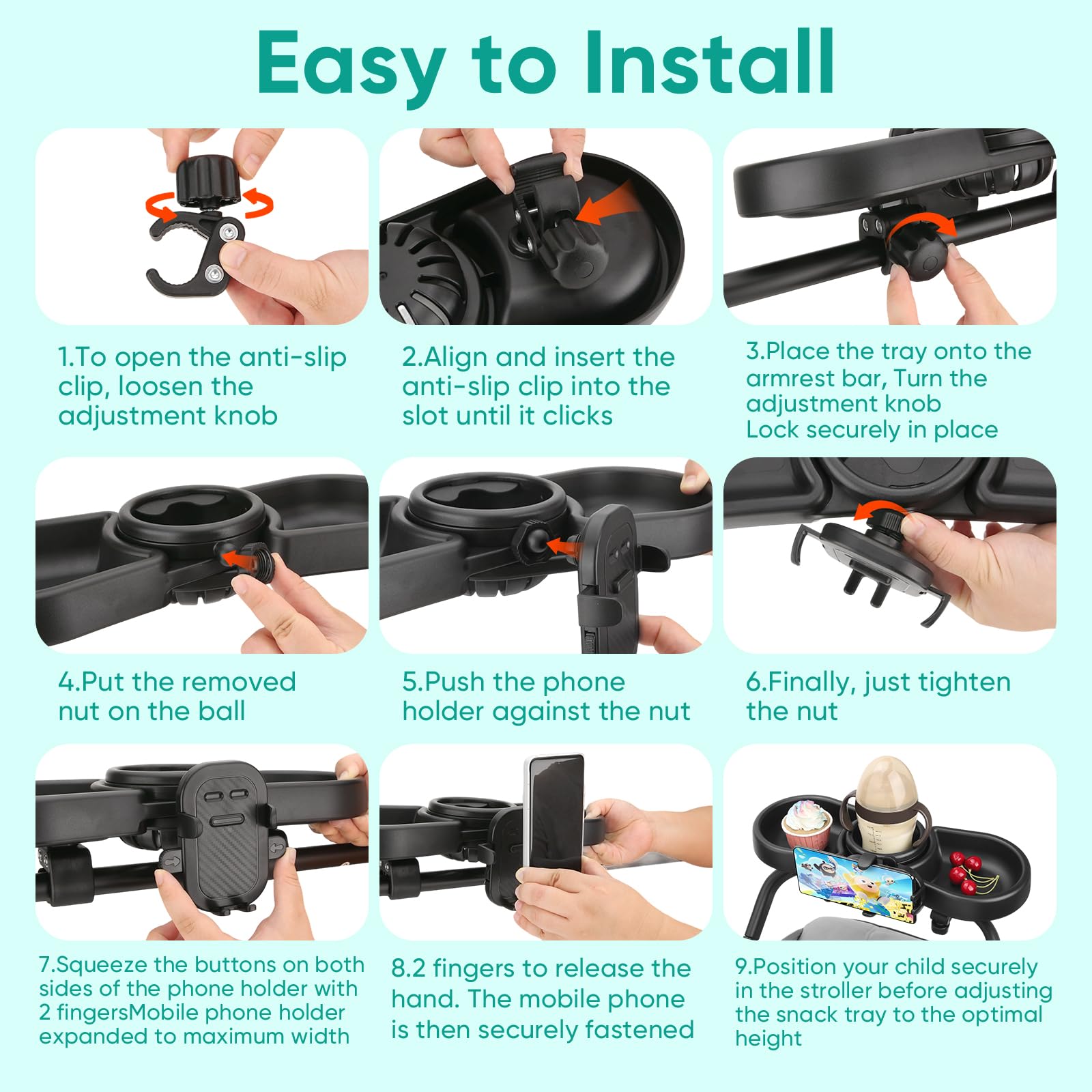 Bandeja para Cochecito de Bebé 4 en 1, Bandeja Universal para Cochecito con Portabocadillos y Soporte para Móvil | Accesorio Removable con Rotación 360° para Cochecitos con Reposabrazos