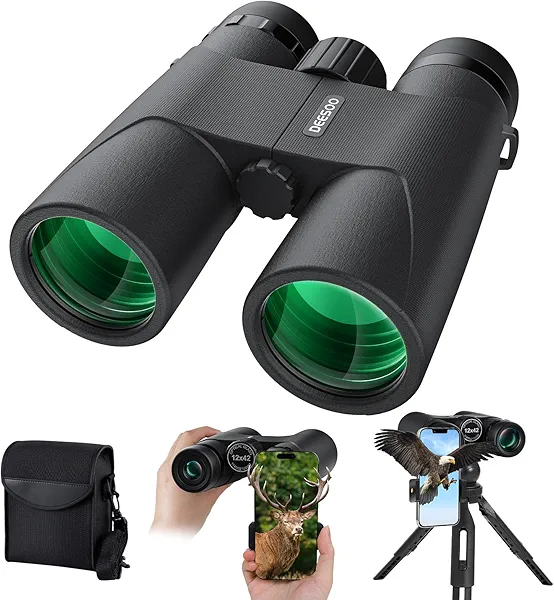 12x42 HD Binoculars for Bird Watching - Deesoo Easy Focus Waterproof Binocular with Phone Adapter and Tripod, Clear Low Light Vision Binoculars for Adults High Powered Hunting Travel Concert
