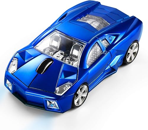 Ratón de coche deportivo actualizado con faros LED, ratón inalámbrico en forma de coche de 1600 DPI para Mac y computadoras, azul