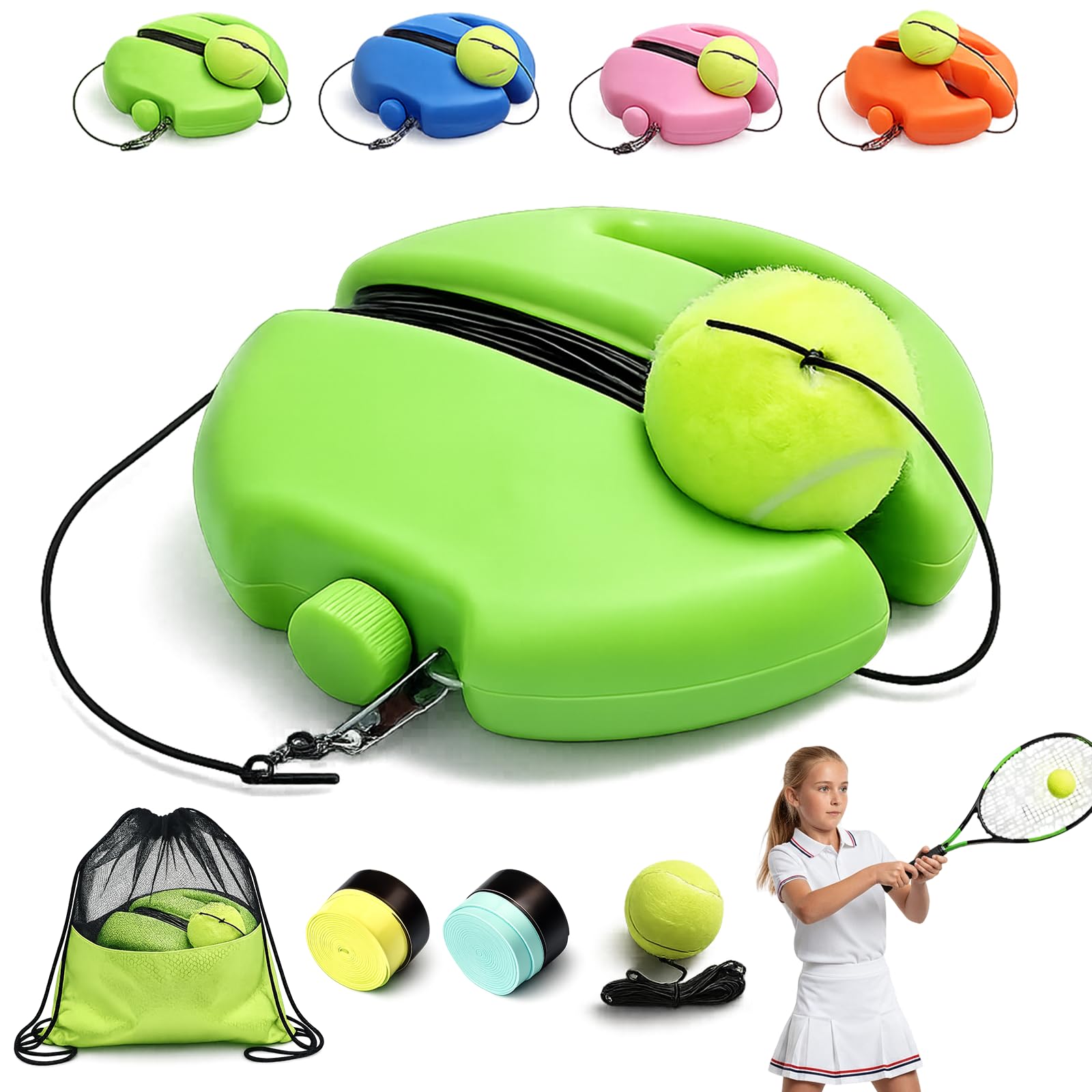 2026 New Tennis Ball Training Baseboard - Solo Tennis Trainer Rebound Ball with Anti-Tangle String & Weighted Anti-Slide Base, Portable Practice Equipment for Adults, Beginners (Green,1Set + 1Ball)