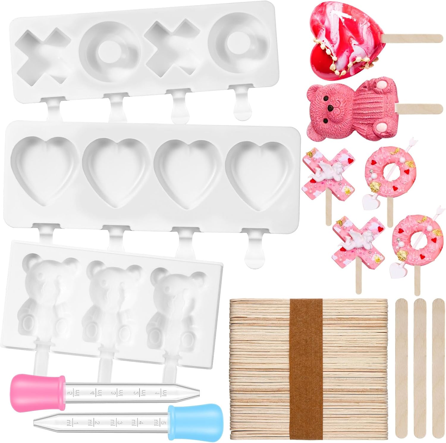 FillTouch 3 Pack Heart Shaped Cakesicle Molds Heart Bear Xoxo Shaped Ice Pop Molds Silicone with 50 Wooden Sticks and 2 Droppers Craft Sticks for Valentine Baking DIY Chocolate Maker Kitchen Tool