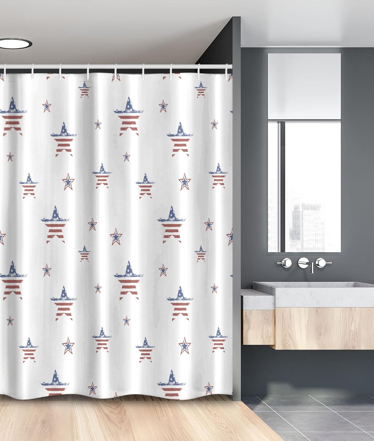 Ambesonne 4th of July Stall Shower Curtain, Scattered Stars with American Flag Motifs Independence Day Theme, Fabric Bathroom Decor Set with Hooks, 54" W x 78" L, Ruby Navy Blue White