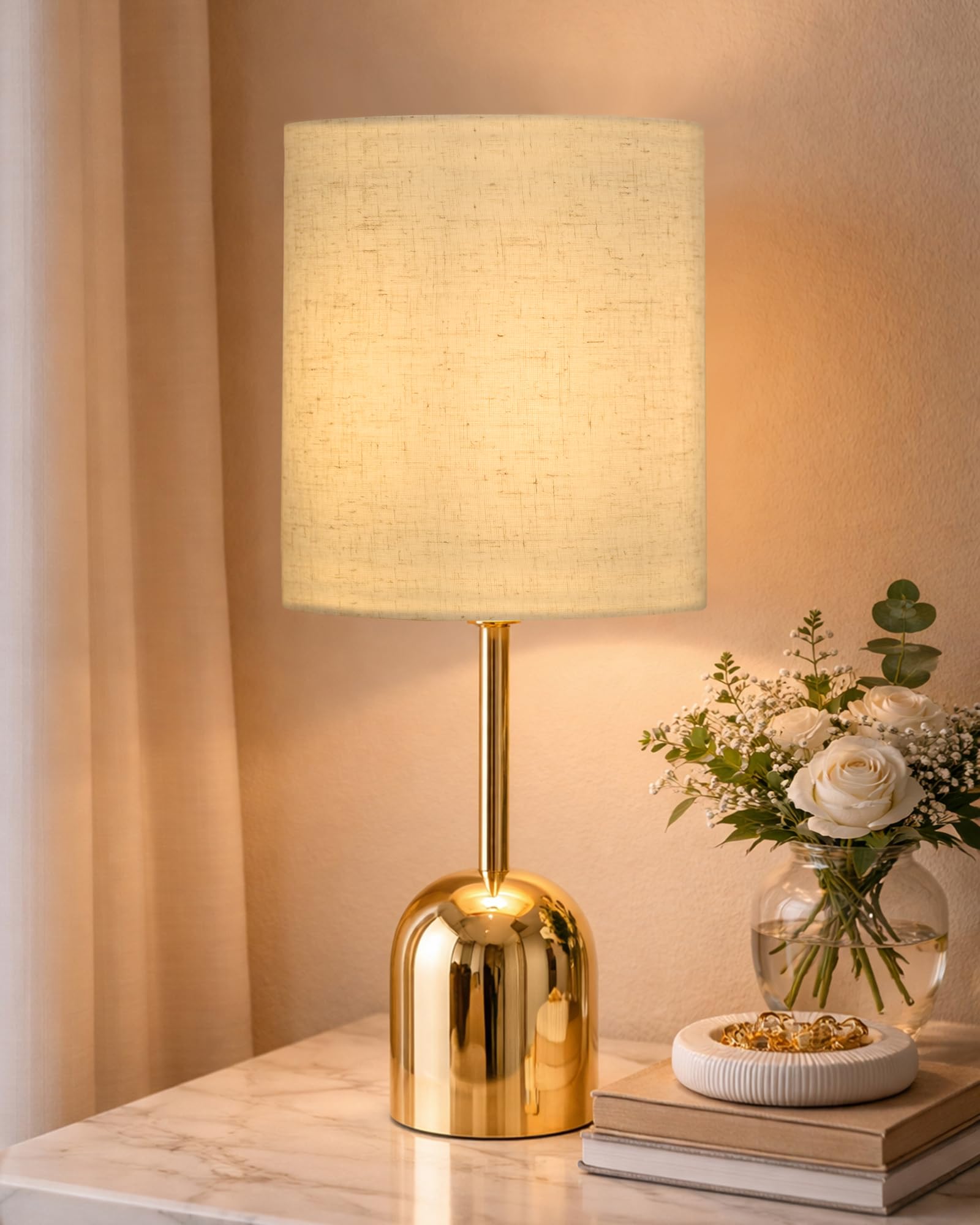 Homesake® Luxe Dome Gold Table Lamp with Fabric Drum Shade, Modern Home Decorative Bedside Lamp for Bedroom, Living Room & Side Table, Lighting, Nightstands (Khadi Cylinder)-image-44