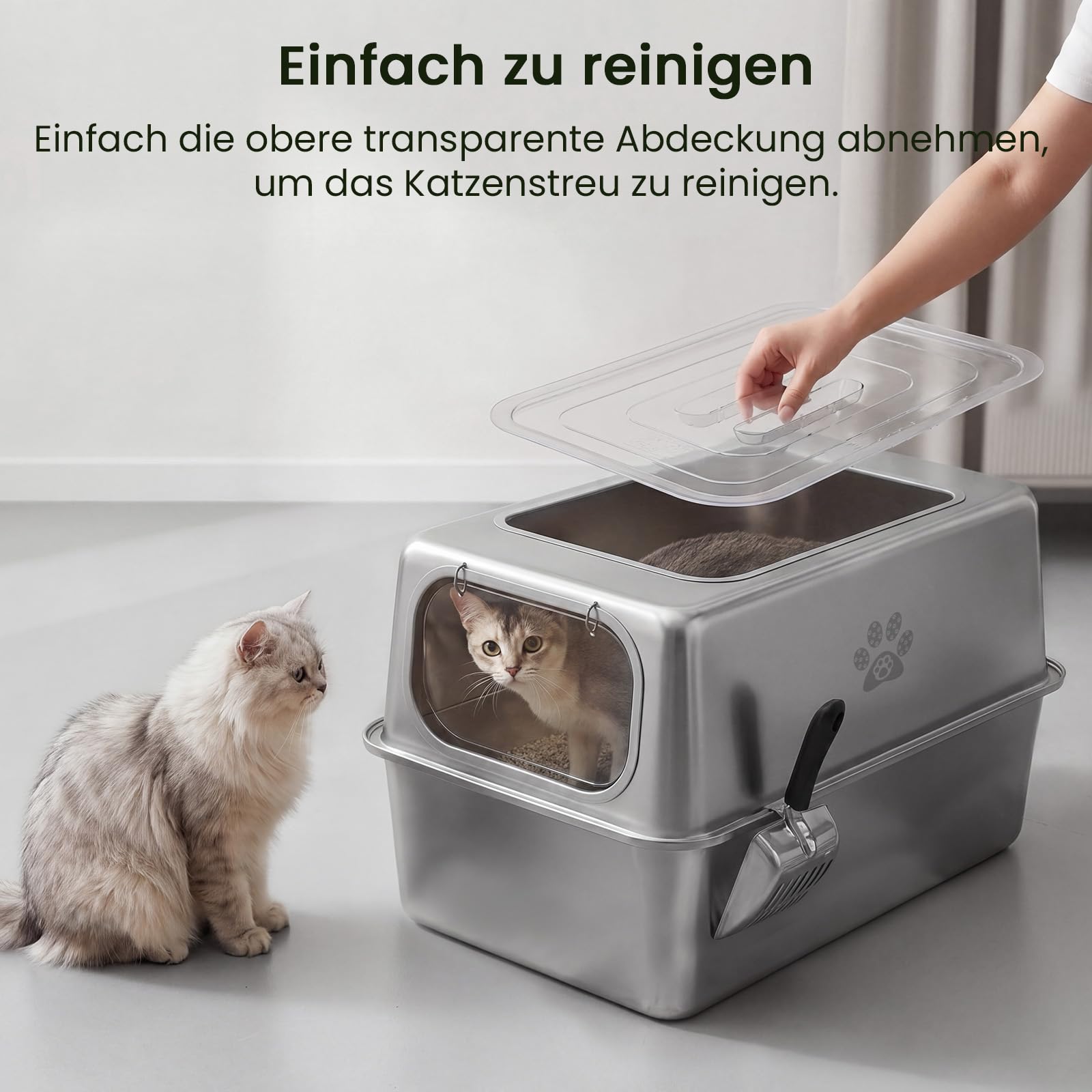 PTLOM XXL Katzenklo Edelstahl, Auslaufsicheres Katzenklo mit Deckel, großem Metall-Streubehälter, Geschlossenes Katzentoilette mit hohem Rand, inkl. Streuschaufel und Streumatte, 60x40x40cm