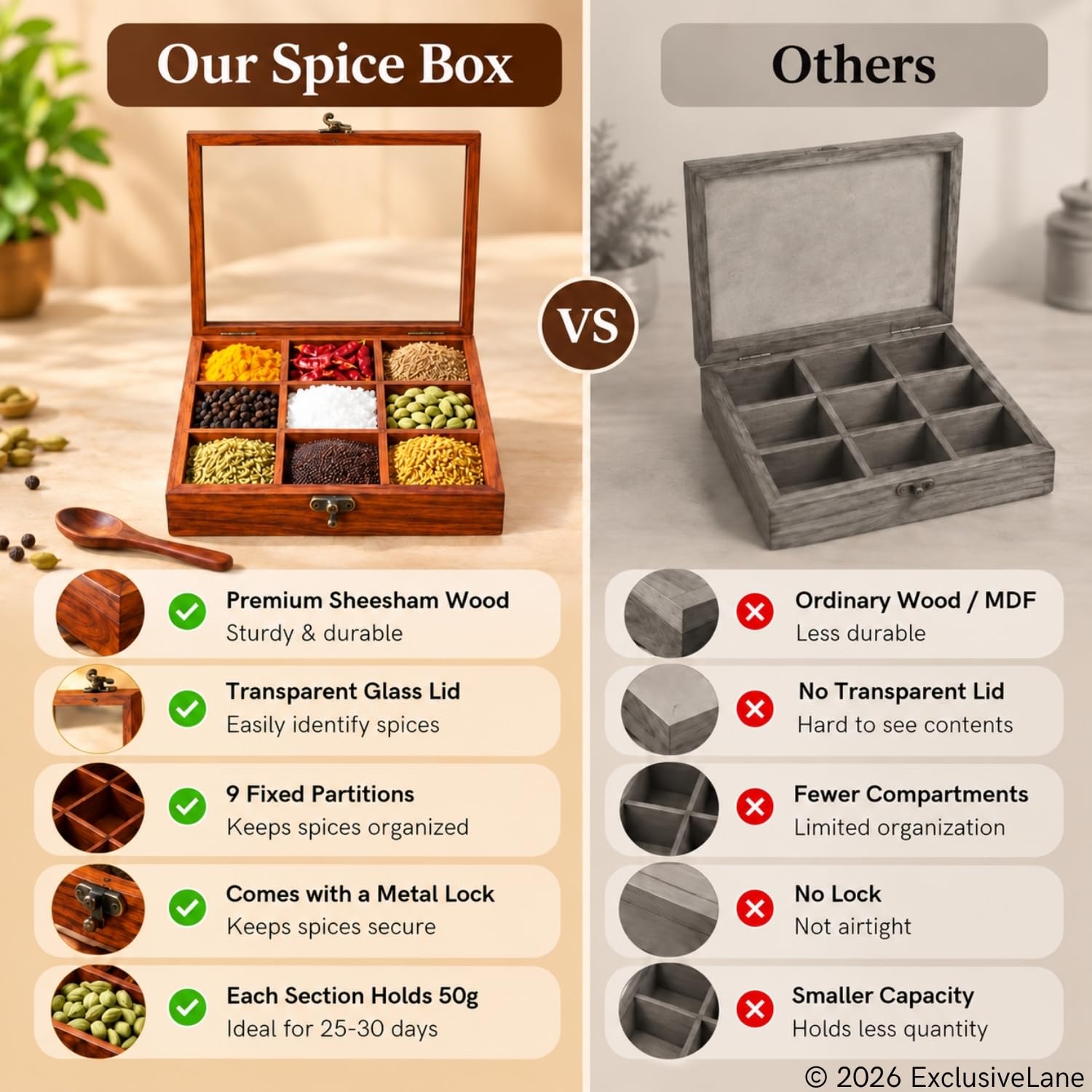 ExclusiveLane Sheesham Wooden Spice Box for Kitchen with Spoon (Non Removable Partitions, 50 ml, Brown) |Wooden Masala Box for Kitchen Dabba Dani Masala Container Spice Box Wooden Namak Masala Dani — Amazon image 9