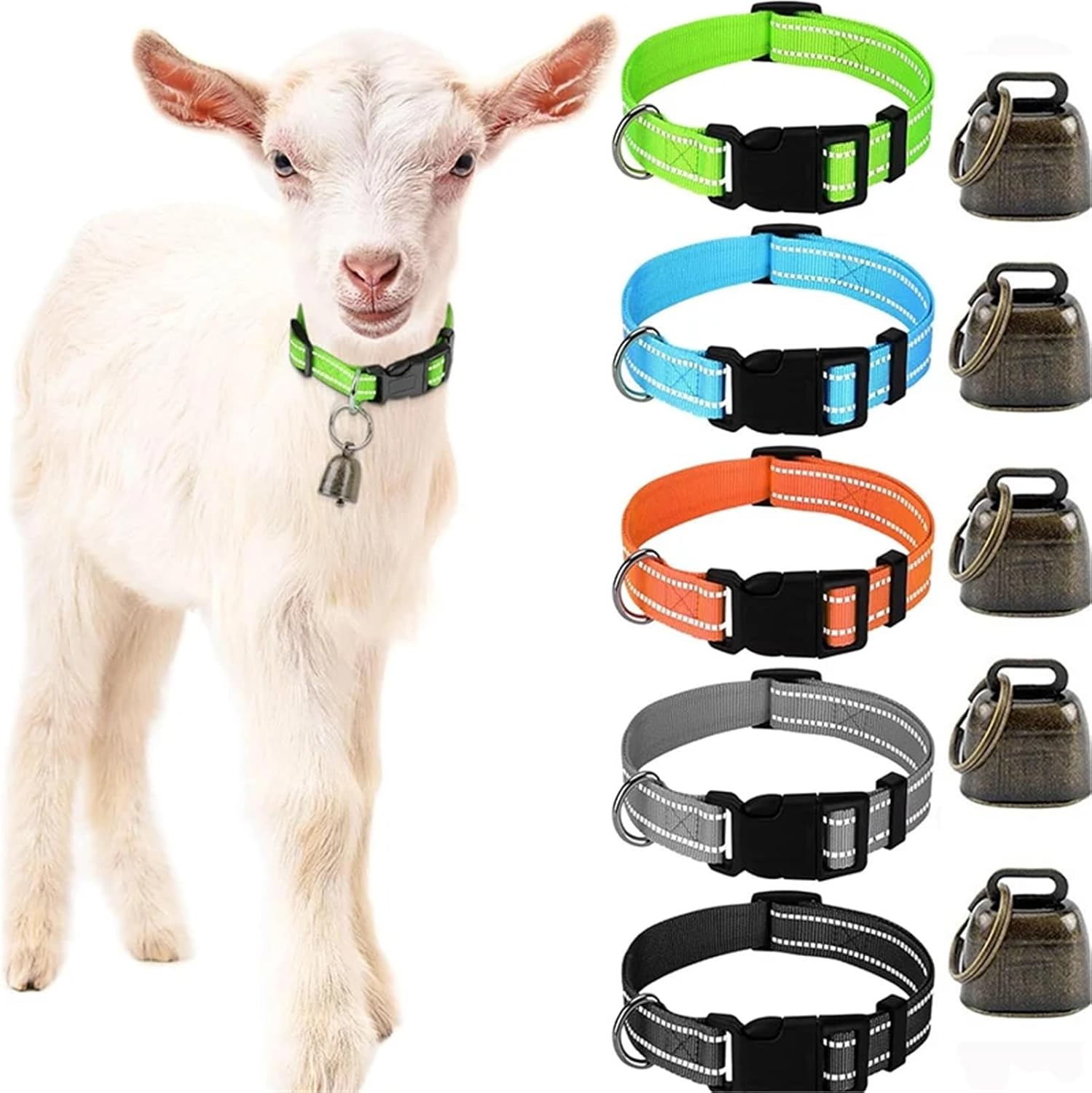 Goat Collar 10 Pack Goat Collars with Bells, Horse Sheep Grazing Copper and Adjustable Nylon Collar Set Pet Anti-Lost Loud Bronze Bell for Small Farm Animal Sheep Cow(White)