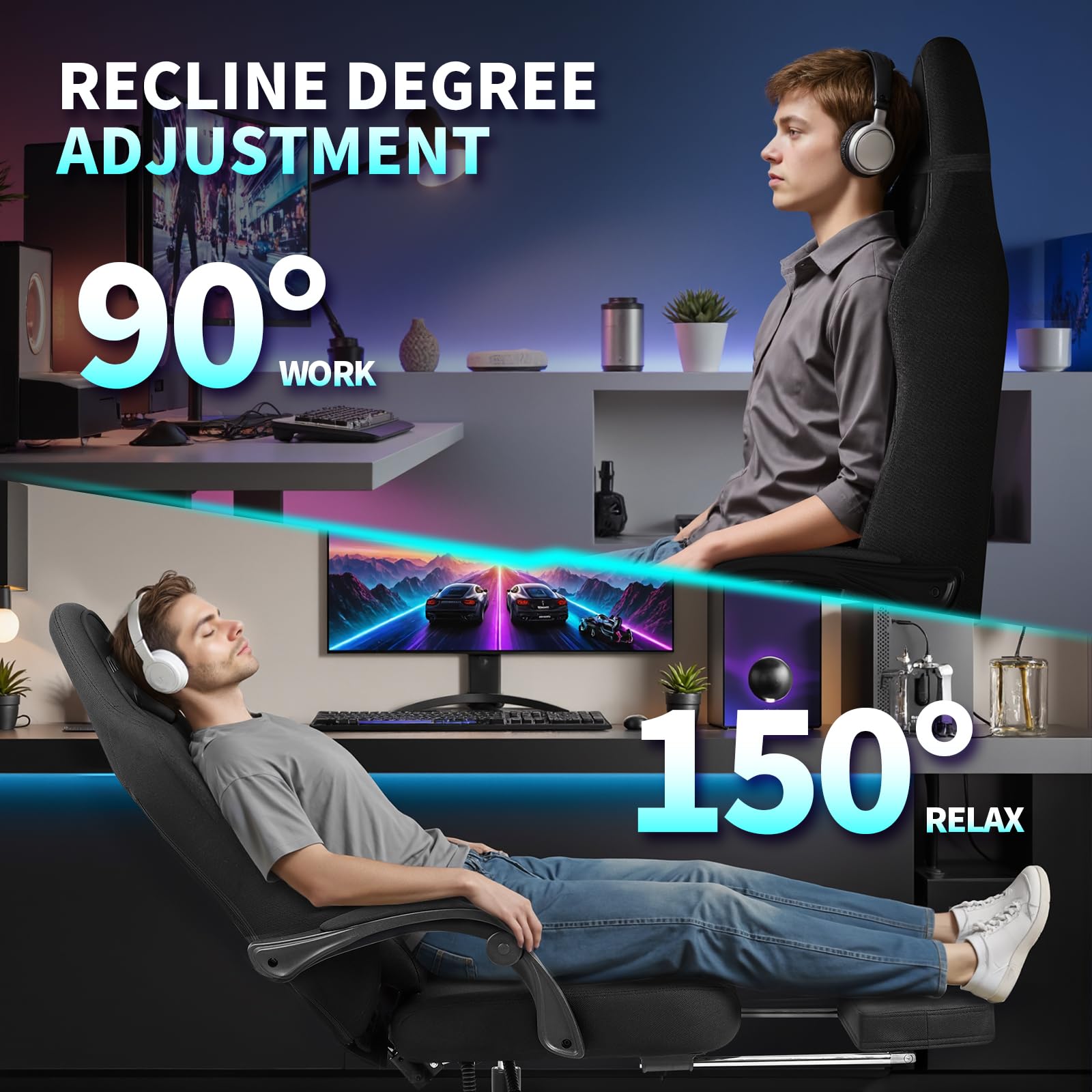 Sedie Gaming, Poltrona Altezza Regolabile con poggiatesta, Sedia da Ufficio Ergonomica, e supporto lombare sedia per PC, girevole a 360 gradi Sedia da gioco in tessuto, per ufficio e casa, Nero