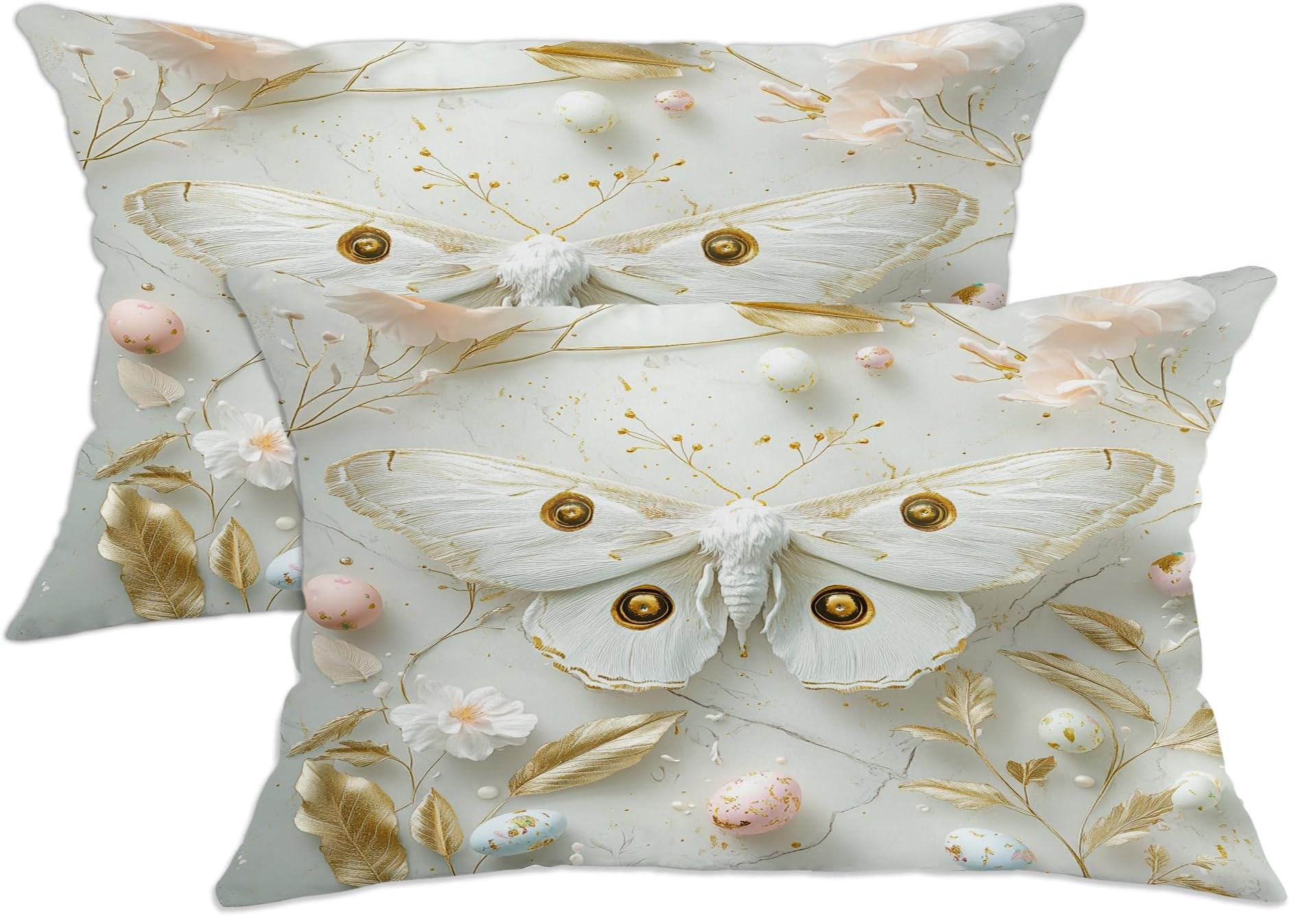 Spring Easter Moths Pillow Covers 12x20 Set of 2, Comfy Luxury Relief Eggs Printing Velvet Pillow Cases Kit with Zipper, Floral Pattern Decor Sofa Living Room