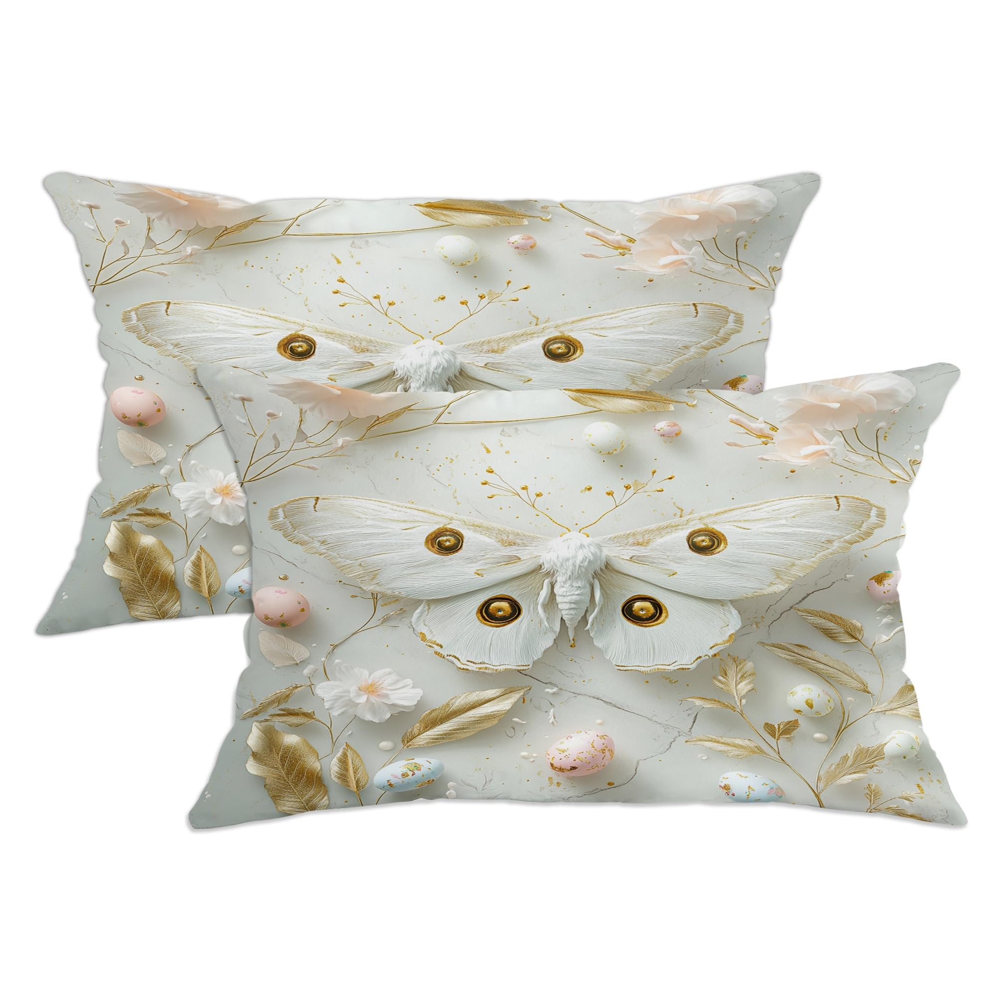 Spring Easter Moths Pillow Covers 12x20 Set of 2, Comfy Luxury Relief Eggs Printing Velvet Pillow Cases Kit with Zipper, Floral Pattern Decor Sofa Living Room
