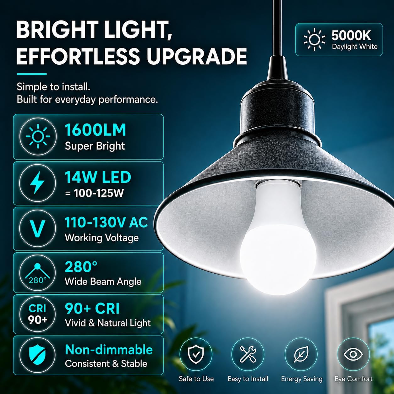 A19 LED Light Bulbs 100W-125W Equivalent, 14W 1500LM Super Bright 5000K Daylight White LED Bulbs, Standard E26 Medium Screw Base Bulb for Bedroom Kitchen Office Lamp, Non-Dimmable, No Flicker, 4-Pack image 2