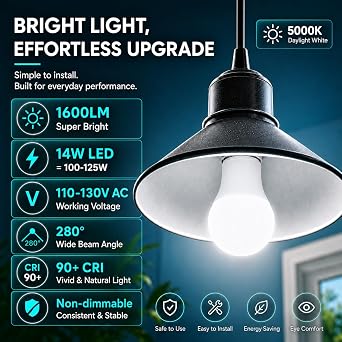 A19 LED Light Bulbs, 14W 1600 Lumens LED Bulbs 100-125 Watt Equivalent, 5000K Daylight White, E26 Edison Medium Screw, CRI 90+, Non-Dimmable, 6 Packs Bulbs for Home Living Room Office Lamp