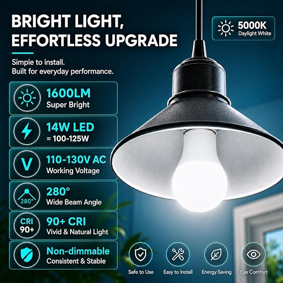 A19 LED Light Bulbs, 14W 1600 Lumens LED Bulbs 100-125 Watt Equivalent, 5000K Daylight White, E26 Edison Medium Screw, CRI 90+, Non-Dimmable, 6 Packs Bulbs for Home Living Room Office Lamp