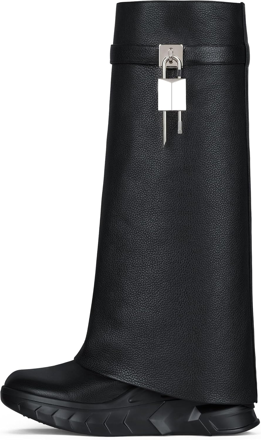 Women's Padlock Ankle Boots Fold Over Boots Platform Wedges Round Toe Mid Calf Biker Boot Fashion Comfort Short Boots for Women