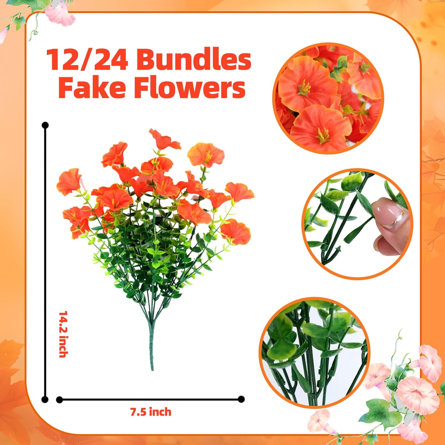 24 Bundles Artificial Fake Fall Flowers Faux Plants for Outdoor Outside Faux Silk Morning Glory UV Resistant Look Real Autumn Fake Outdoor Flowers for Front Door Porch Window Box, Orange