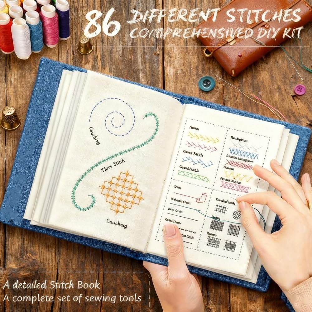 New The Ultimate Embroidery Learning Book, DIY Stitch Book with 106PCS Tools Set, Embroidery Stitches Books Kit for Beginners Adults, Hand Emb Patterns with Accessories, Sewing Projects Guide
