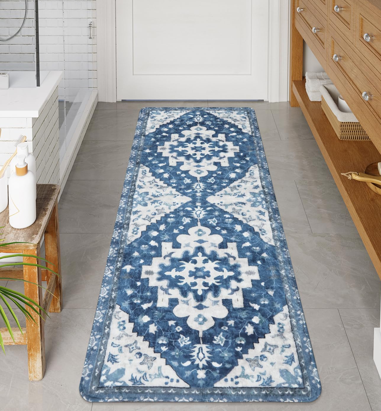Uphome Vintage Bathroom Runner Blue Boho Non-Slip Long Bath Mat Oriental Soft Machine Washable Bedroom Rug Traditional Tribal Floral Floor Carpet for