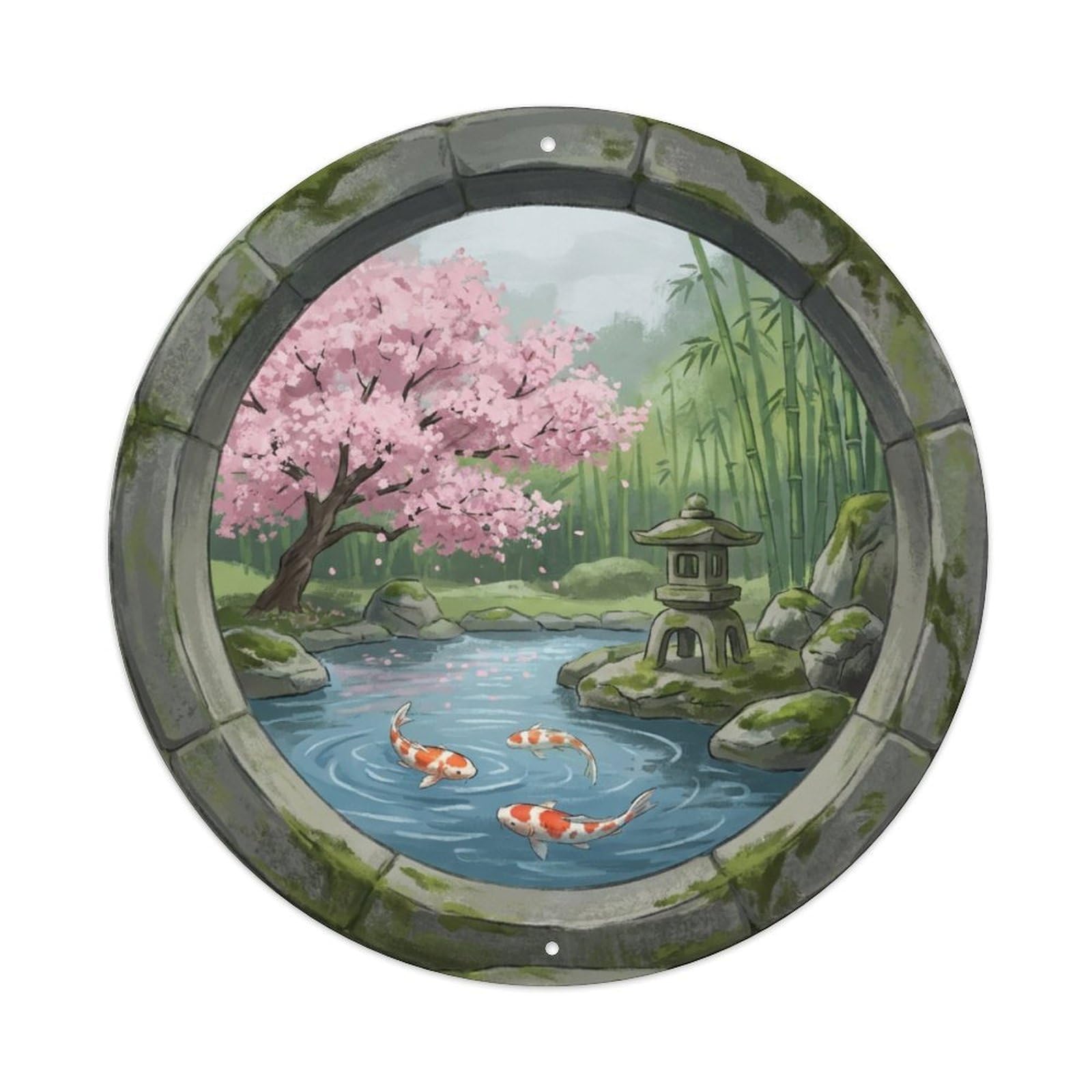 Galvaxio Style Japanese Moongate Koi Fish Circular Portal Metal Tin Sign