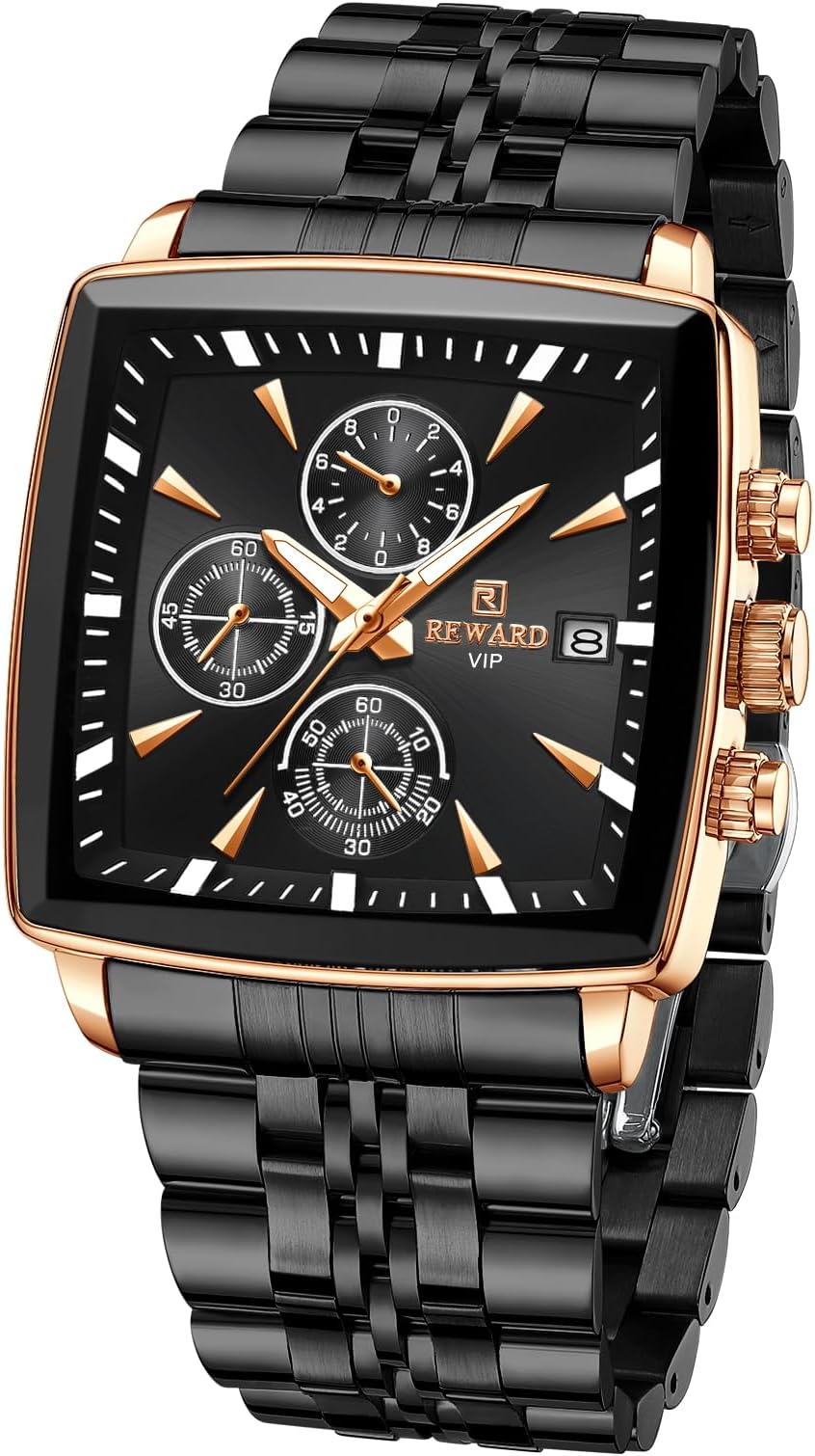 Quartz Watch for Men Business Square Face Waterproof Wrist Watches Chronograph, Luminous - Gold Black