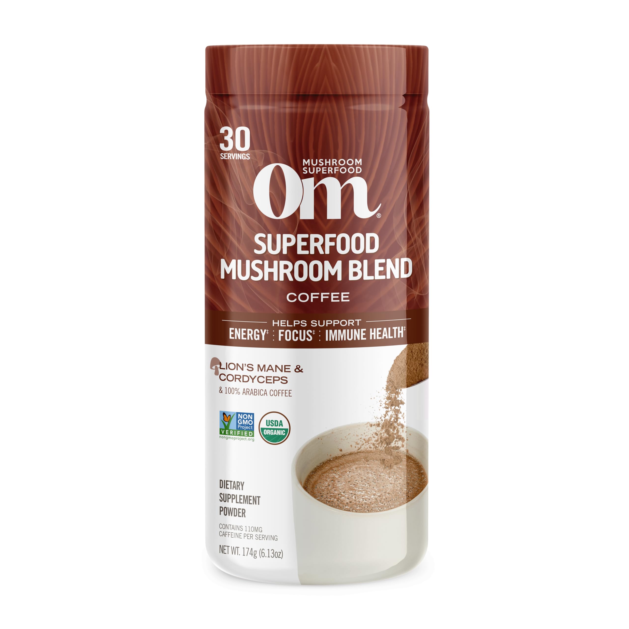OM MUSHROOM SUPERFOOD Instant Coffee – Organic Arabica with Lion’s Mane, Cordyceps, Reishi, Turkey Tail & Ginkgo for Energy, Focus & Clarity – 6.24 oz Canister, 30 Servings