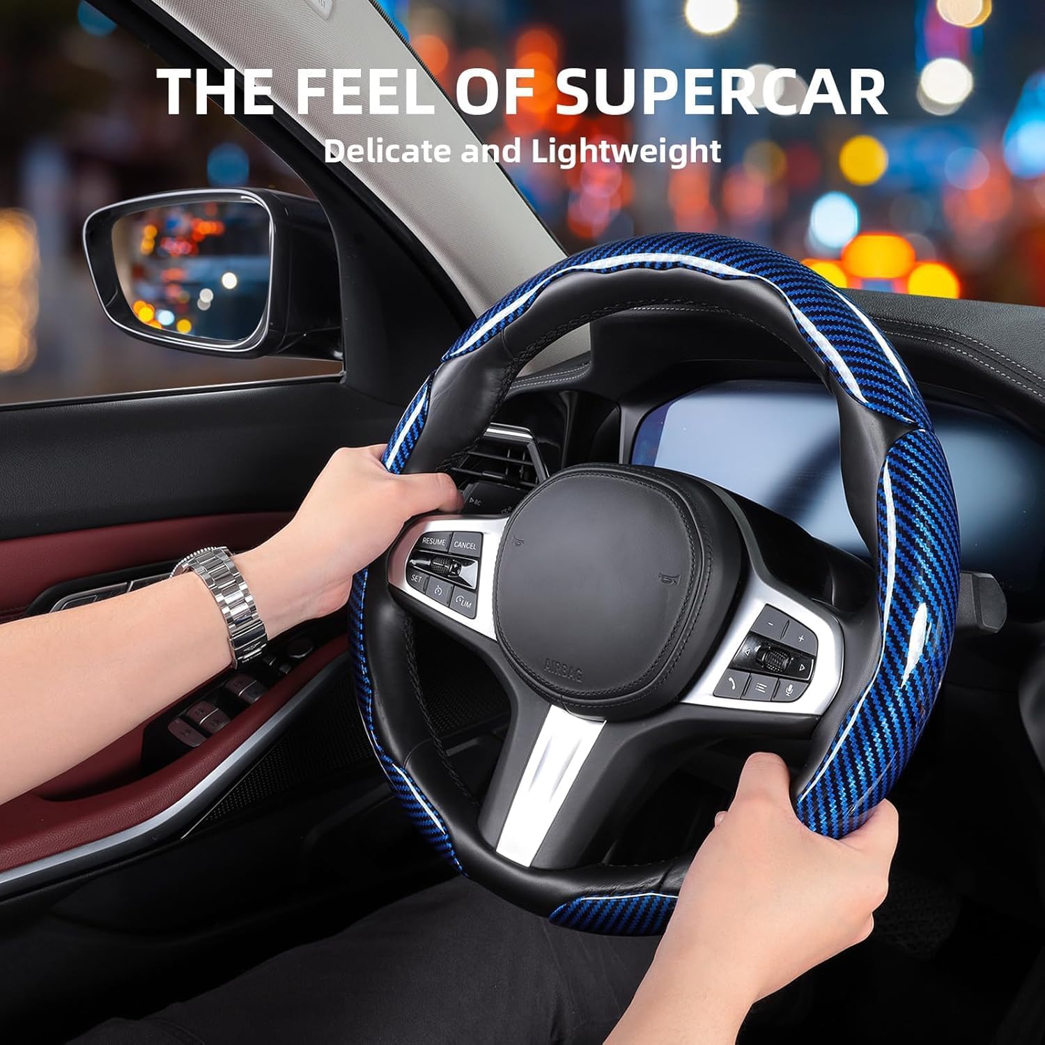 Carbon Fiber Steering Wheel Covers 3 Piece Clip on Steering Wheel Cover (Blue)