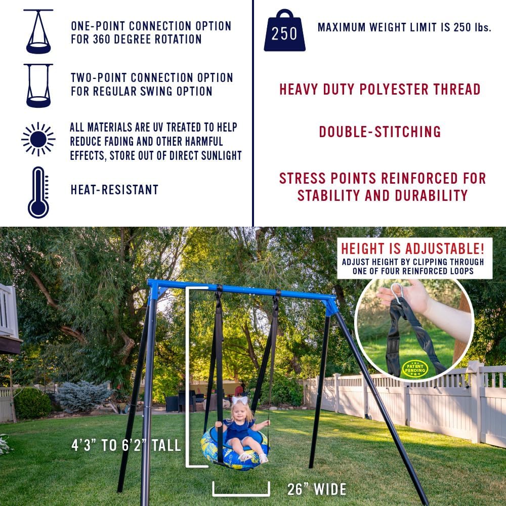 Durable 26” AIR Swing Safe Round Outdoor Saucer Tree Swing for Toddlers & Kids - Ideal for Backyard, Indoor Playroom, Playset, or Treehouse - Adjustable 360 Rotation & Regular Modes - Blue/Yellow