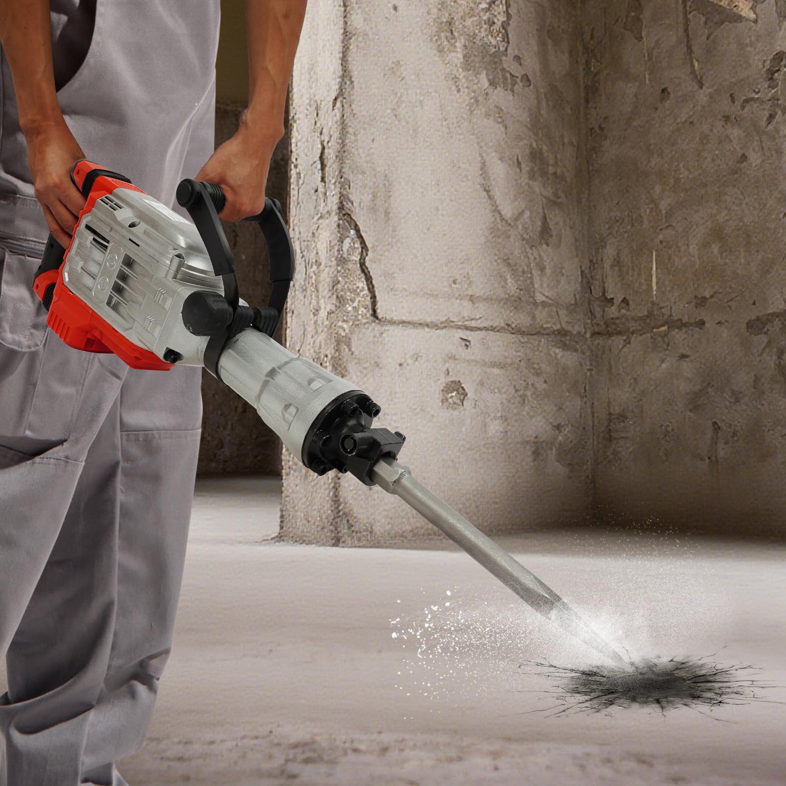 Martello demolitore da 1700 W 60 J ad alte prestazioni con scalpello a punta e piatto, impugnatura anti-vibrazione, martello elettrorotto, per ardesia, cemento, ecc.