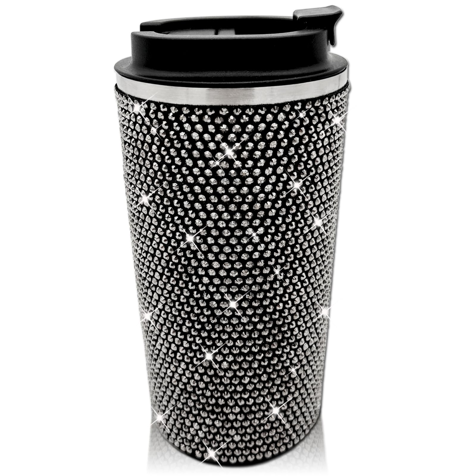 XMYAINA 17oz Rhinestone Insulated Coffee Mug with Leak Proof Lid Stainless Steel Vacuum Bling Travel Coffee Mug Studded Diamond Sparkly Coffee Tumbler Cup Reusable Portable To Go Mugs (Black)