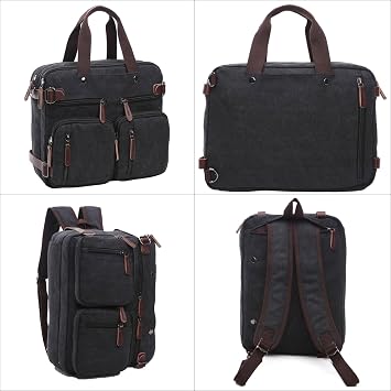 Canvas Laptop Briefcase Convertible Backpack Messenger Shoulder bag Handbag Multi-functional Travel Rucksack Fits 17.3 Inch Laptop for Men Women