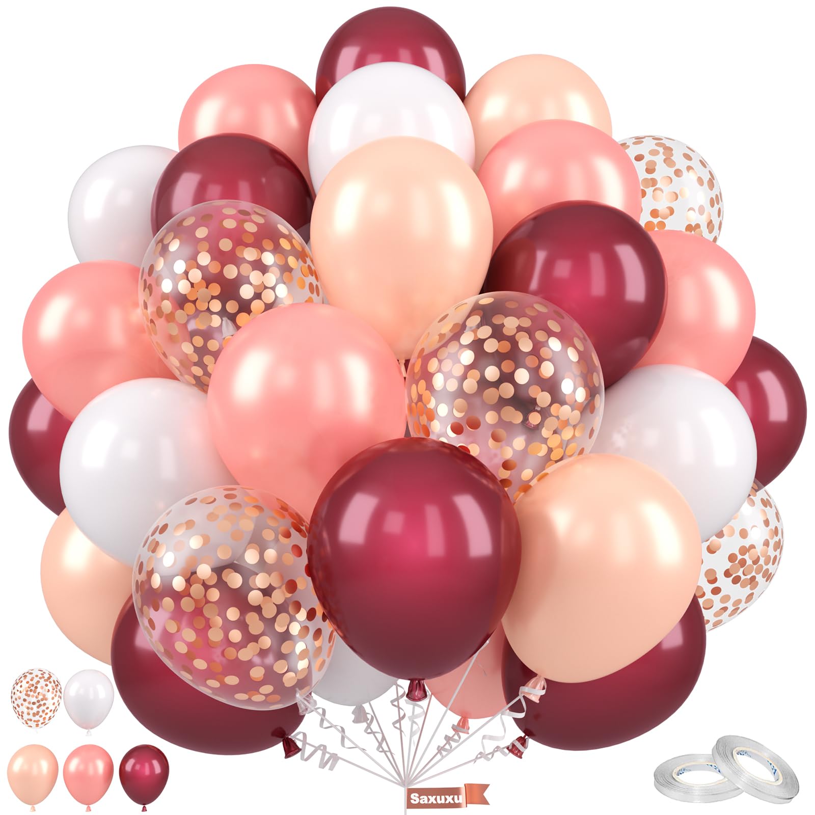 Saxuxu Burgundy Balloons, 12 Inch Maroon Balloons, Wine Red White Pearl Metallic Rose Gold Confetti Balloons Latex Balloons for Wedding Anniversary