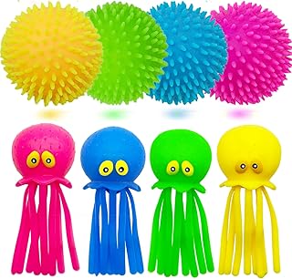 Squishy Water Balls, Set of 4, Rubber Kidsâ€™ Bath Toys, Sensory Stress Relief Pool Toys for Kids, Cute Goodie Bag Fillers for Boys and Girls, Pink, Blue, Green and Yellow