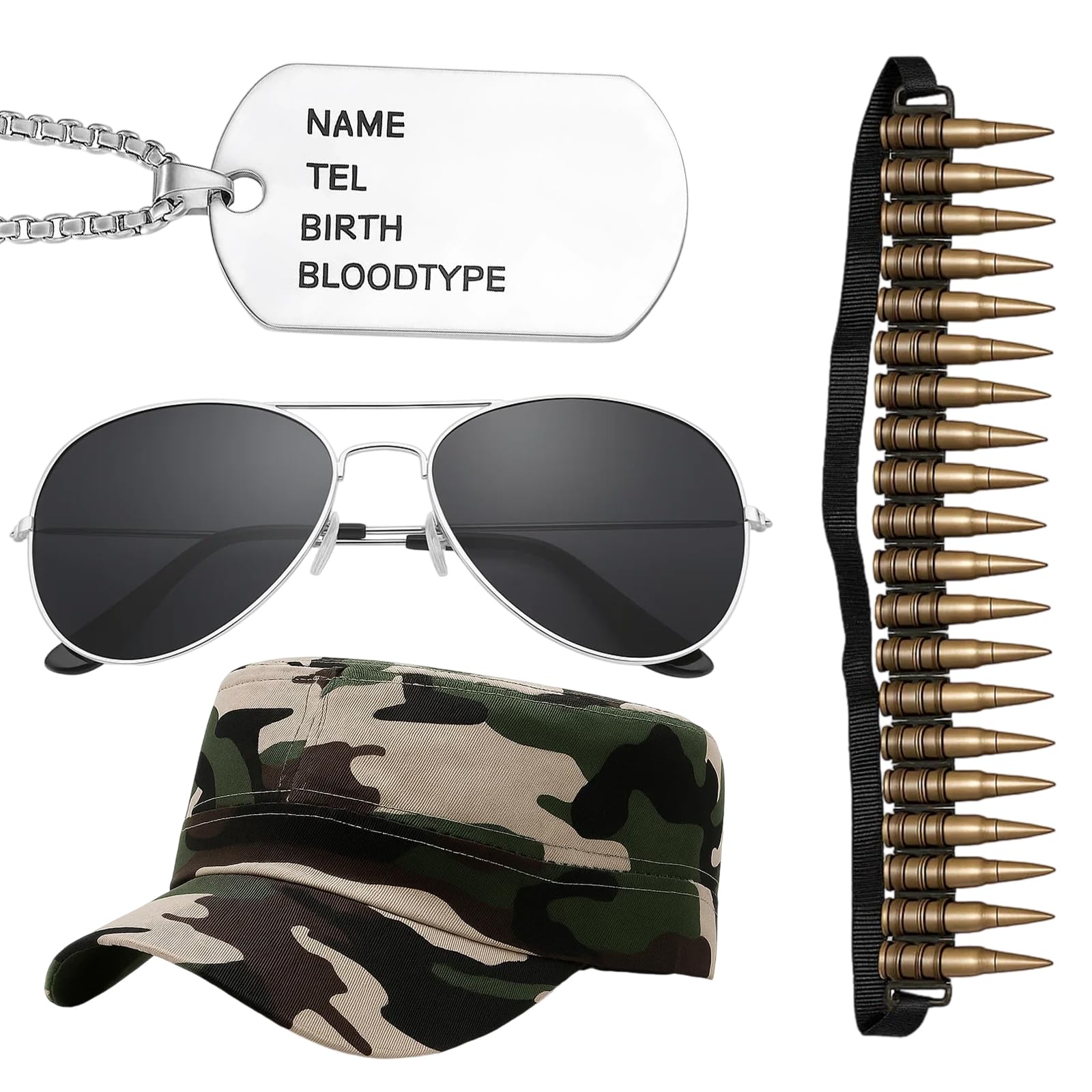 4pc Army Costume Set, Bullet Belt and Dog Tags Army with Maverick Fancy Dress Accessories, Military Halloween Costume for Adults and Kids, Role Play and Themed Parties