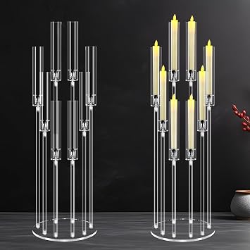 2Set 8 Arms Acrylic Candelabra Centerpieces for Tables Decortion,Clear Candle Holder for Wedding Dinner Fireplace Decoration and Home Decor,Candlesticks Holder with Lampshade Fits LED Candle