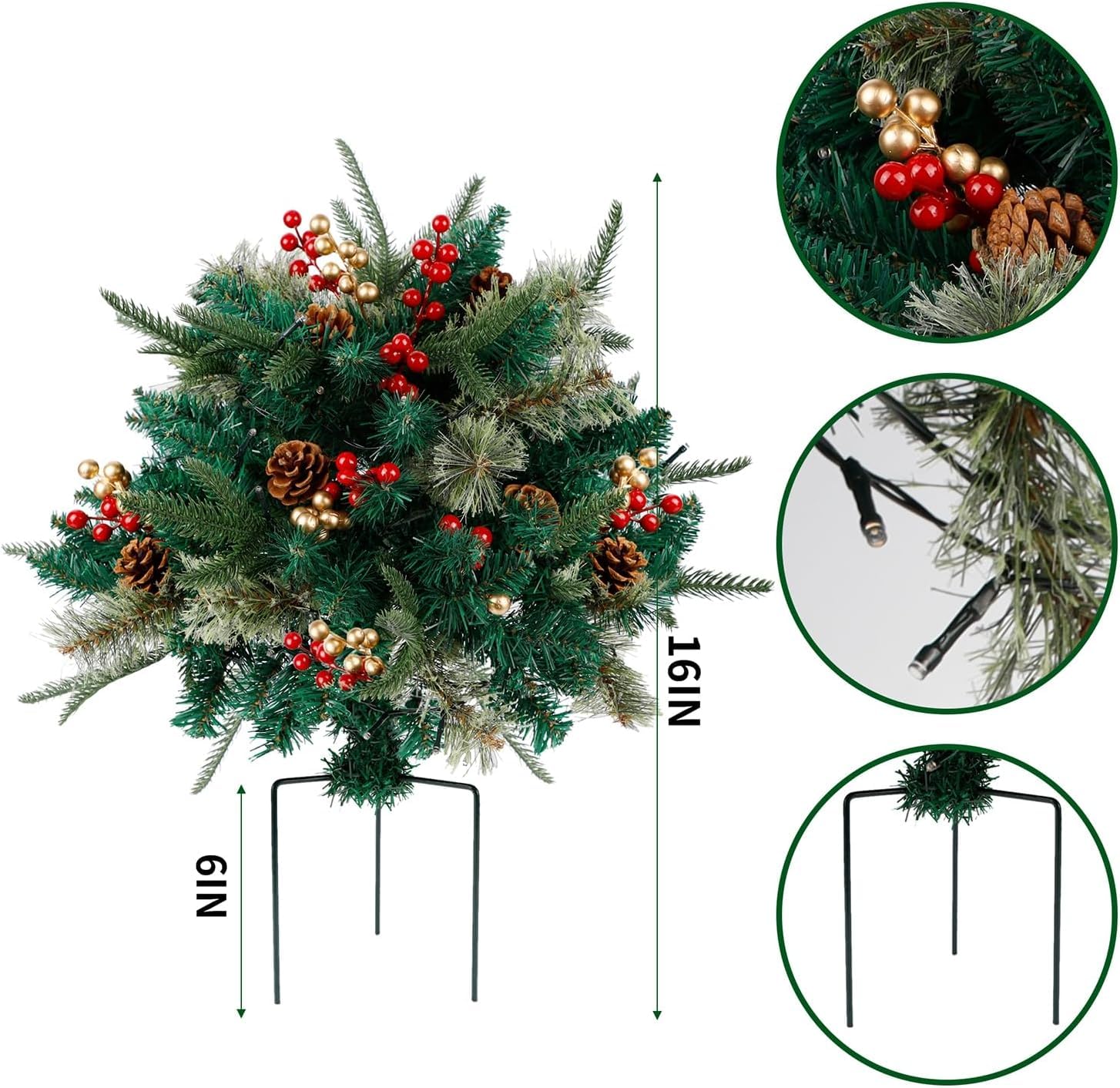 Beleuchteter künstlicher Weihnachtsbaum, vorbeleuchtete Tannenbäume mit Zapfen, goldenen und roten Beeren, Stativpfahl und 60 LED-Lichtern, beleuchteter Pflanzgefäßfüller, Urlaubsdekoration (1 Stück)