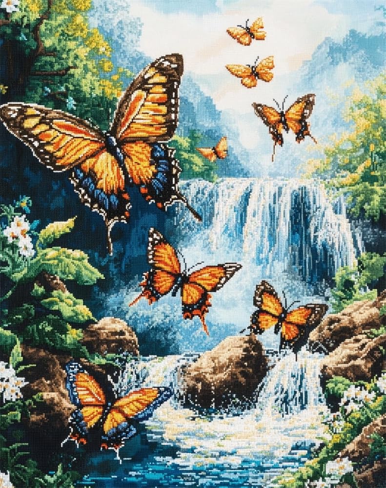 Henypt Bead Embroidery DIY Kitbutterflies Fluttering –9Ct Cross Stitch Beads On Pre-Printed Fabric, Complete Needlework Craft Set for Adults, Beginners & Unique Handmade Gifts