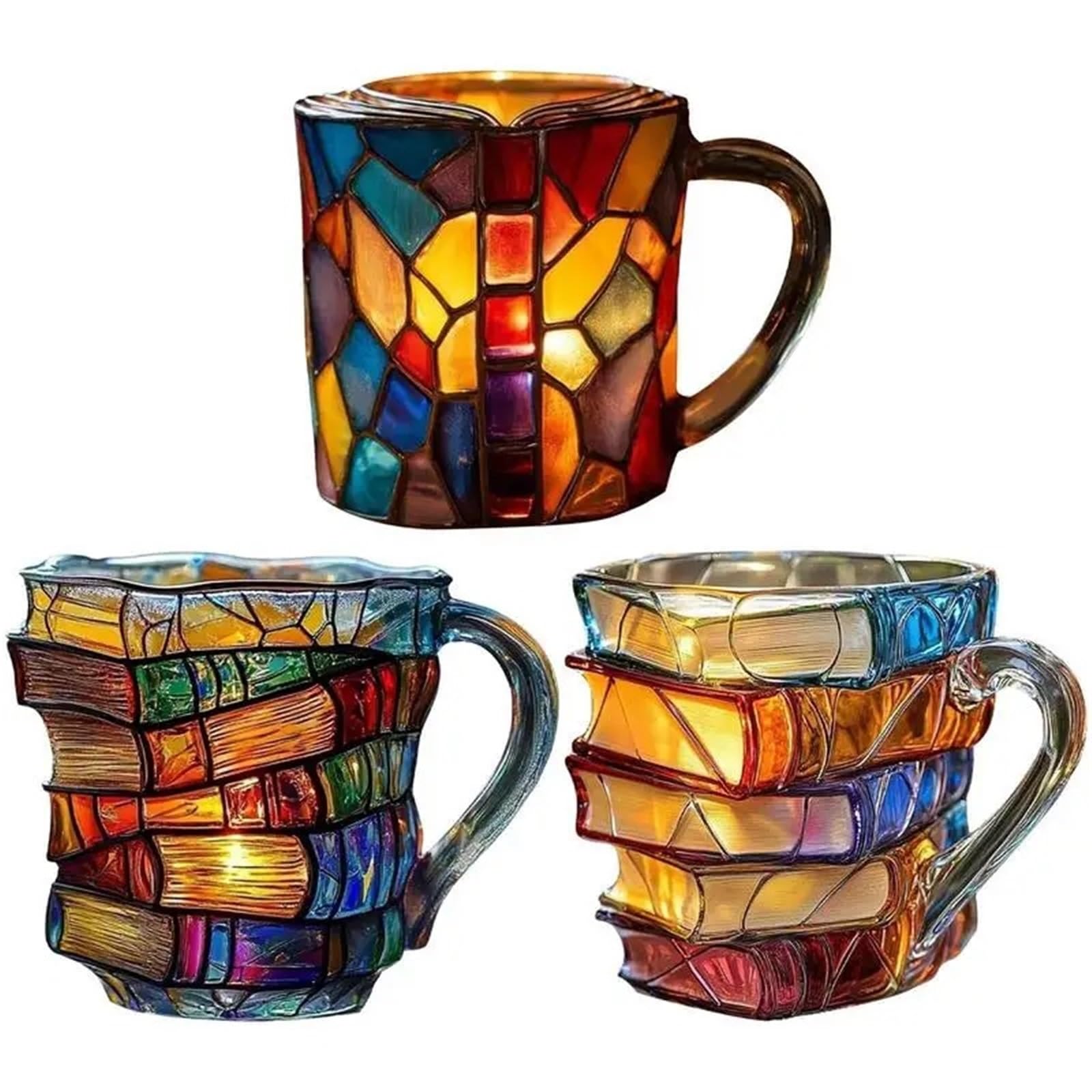 3D bemalte Glas-Buchtasse (kein Harz) für heiße und kalte Getränke – Kaffeetasse mit Bibliotheksmotiv, Geschenk für Buchliebhaber, Schriftsteller – bunt, hitzebeständig und bruchsicher (C) Küche, Haushalt & Wohnen