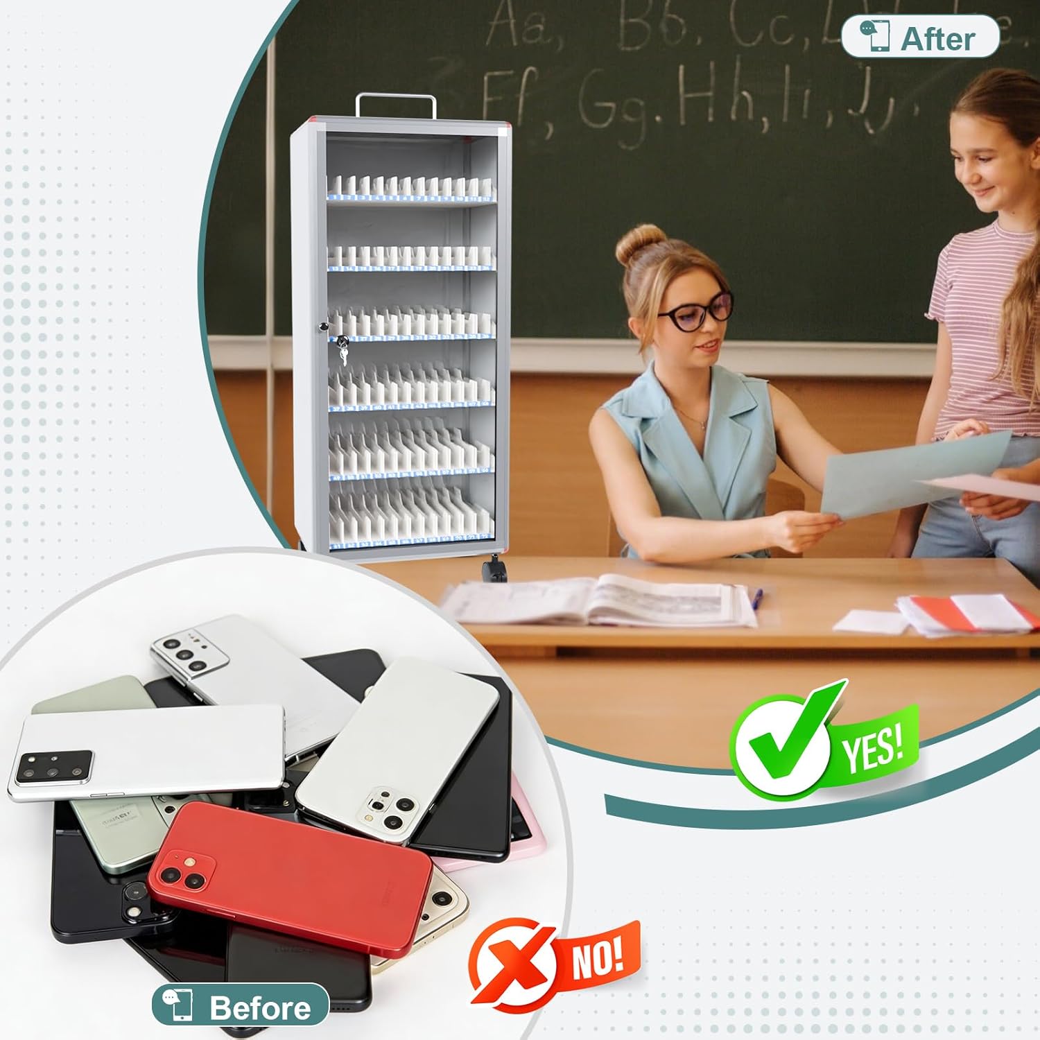72-Slot Cell Phone Locker with Lock & Wheels, Aluminum Alloy Cell Phone Storage Cabinet for Classroom Office Library Meeting Room Employee- Portable & Mobile Cellphone Lock Box Phone Holder
