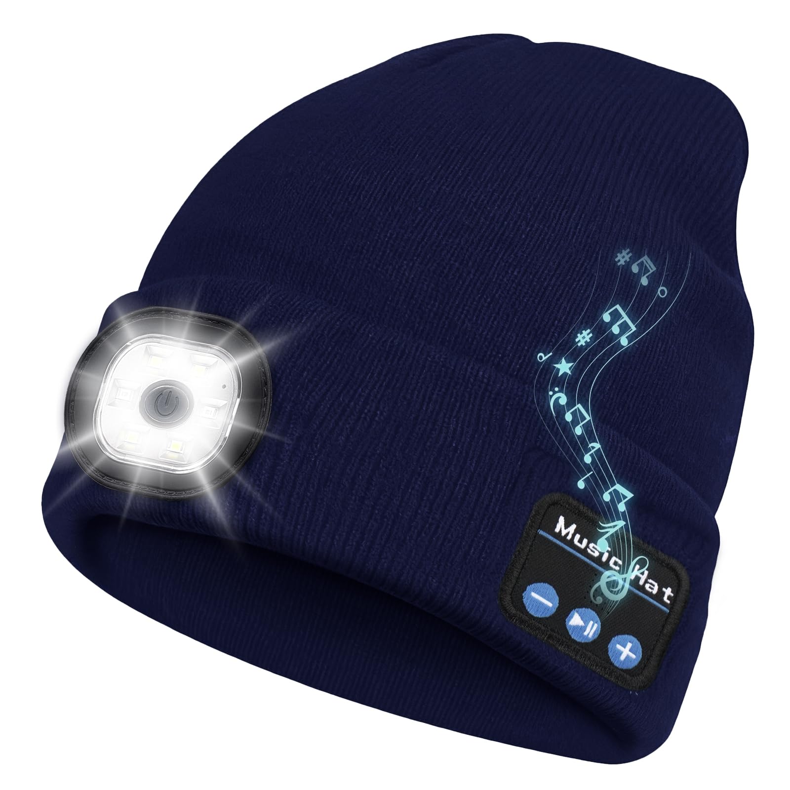 Bluetooth Beanie Hat with Light, Headlamp Cap with Headphones and Built-in Speaker Mic, Gifts for Men Women Husband Him Black