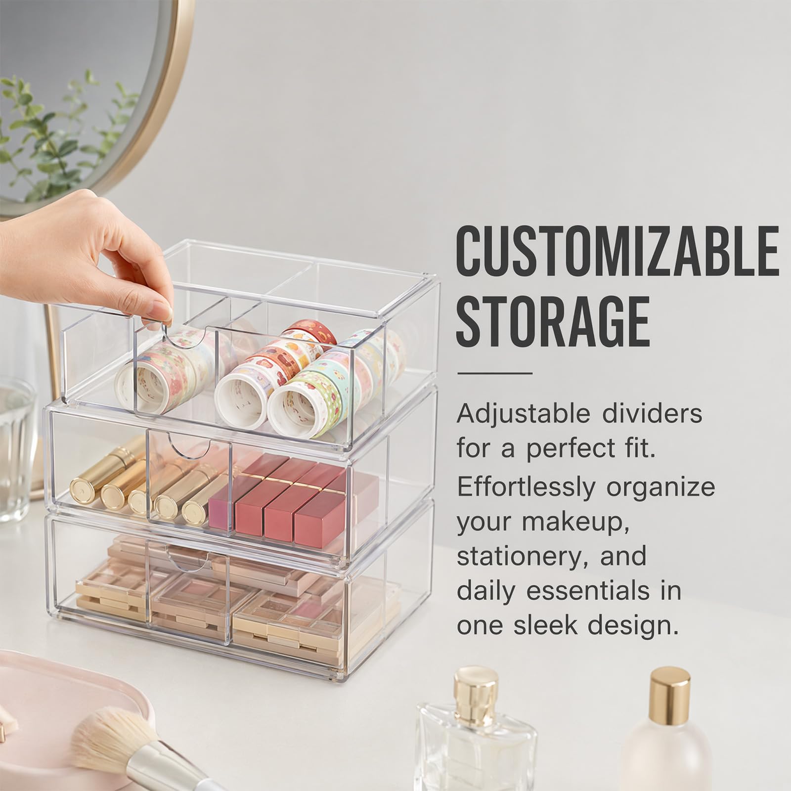 Set di 3 contenitori in acrilico con cassetto, impilabili, 20,5 x 10 x 7 cm, scatola trasparente con divisori rimovibili, per gioielli, capsule di caffè, prodotti sanitari, ufficio