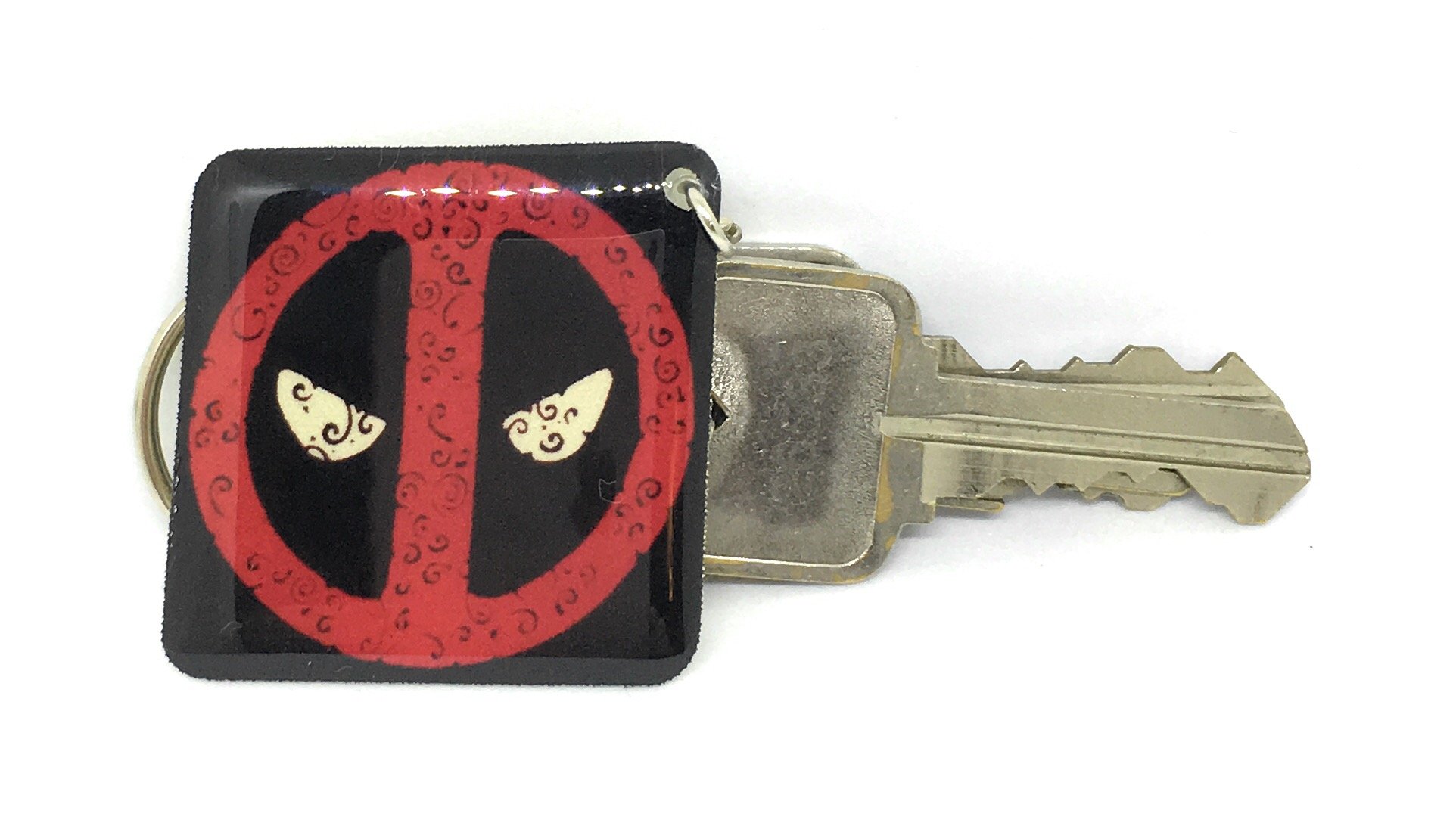 Deadpool Keychain - Swirl Art Deadpool Key Charm - Red and Black - 1.5 x 1.5 Inch Square Key Fob - Geek Chic Gifts - The Psychedelic Swirl