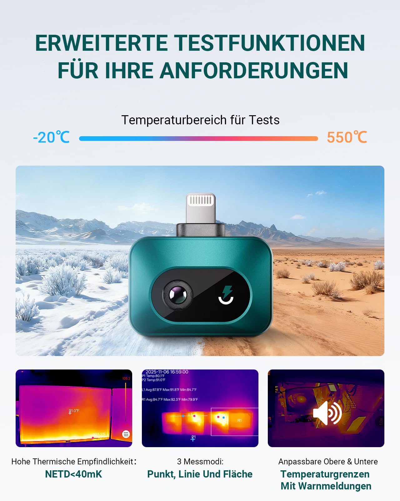 TS1 Wärmebildkamera Thermal für iOS iPhone iPad, Infrarotkamera Wärmebildkameras mit 512×384 Superauflösung Infrarot Kamera mit USB-C, -20°C bis 550°C, Haus-Inspektion 15x Zoom