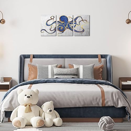 Miniatura 8 de 3 piezas de arte de pared de pulpo, color azul marino, estampado de animales marinos sobre lienzo, póster de vida oceánica para baño, dormitorio,
