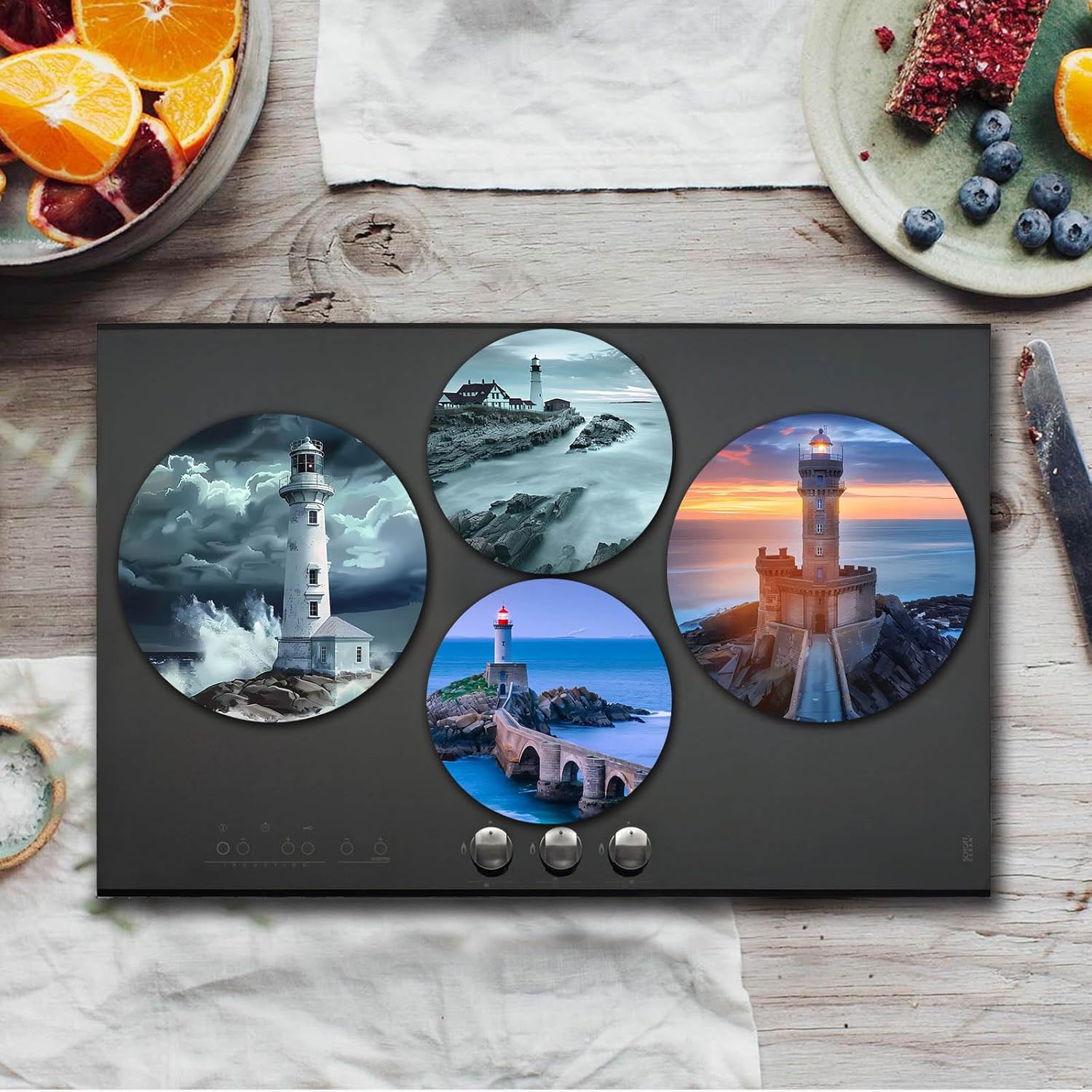 TUMOVO Portl&Head Lighthouse Art Burn Covers for Electric Stove Kitchen Decor Seascape Pattern Round Burner Stormy Sea Scenery Gas Stove Burner Covers,Metal Burner Cover Set of 4 Gilt(Blue),10''x10'