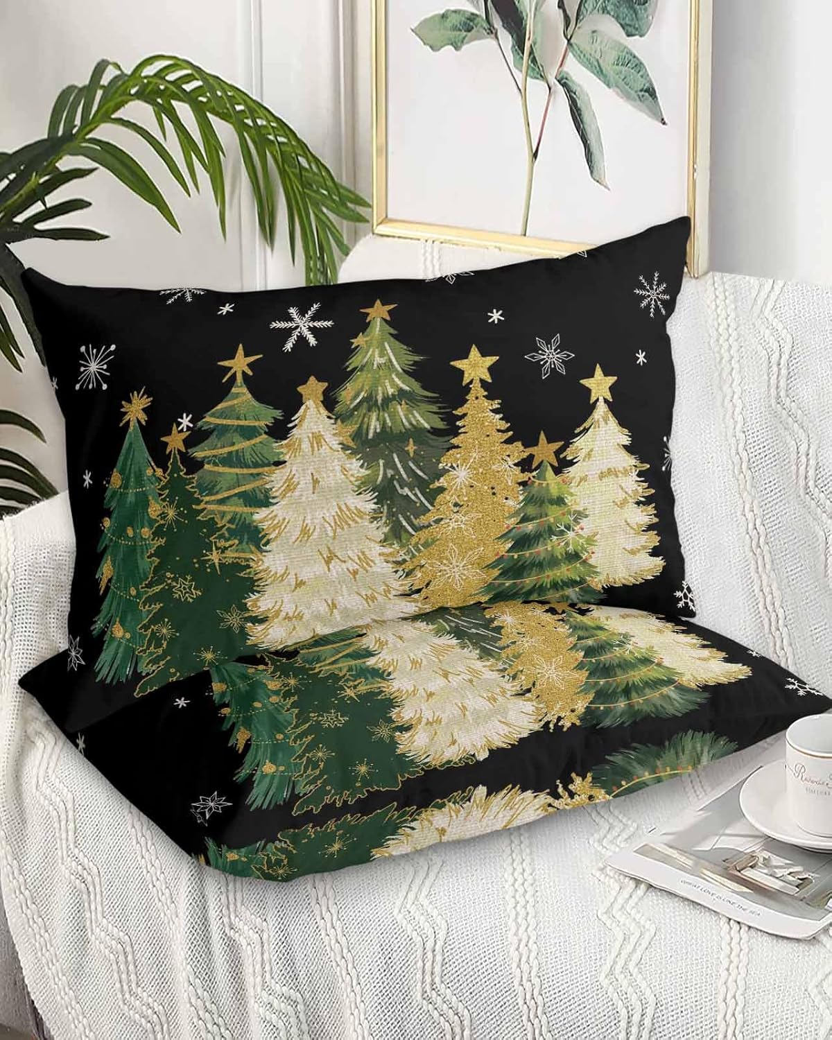 DecorLovee Blue Poinsettia Christmas Pillow Cases Standard Size Set of 2 - Microfiber Bed Throw Pillow Covers, Xmas Botanical Balls Snowflake Vintage Lumbar Pillow Cover with Envelope Closure 20"x26"