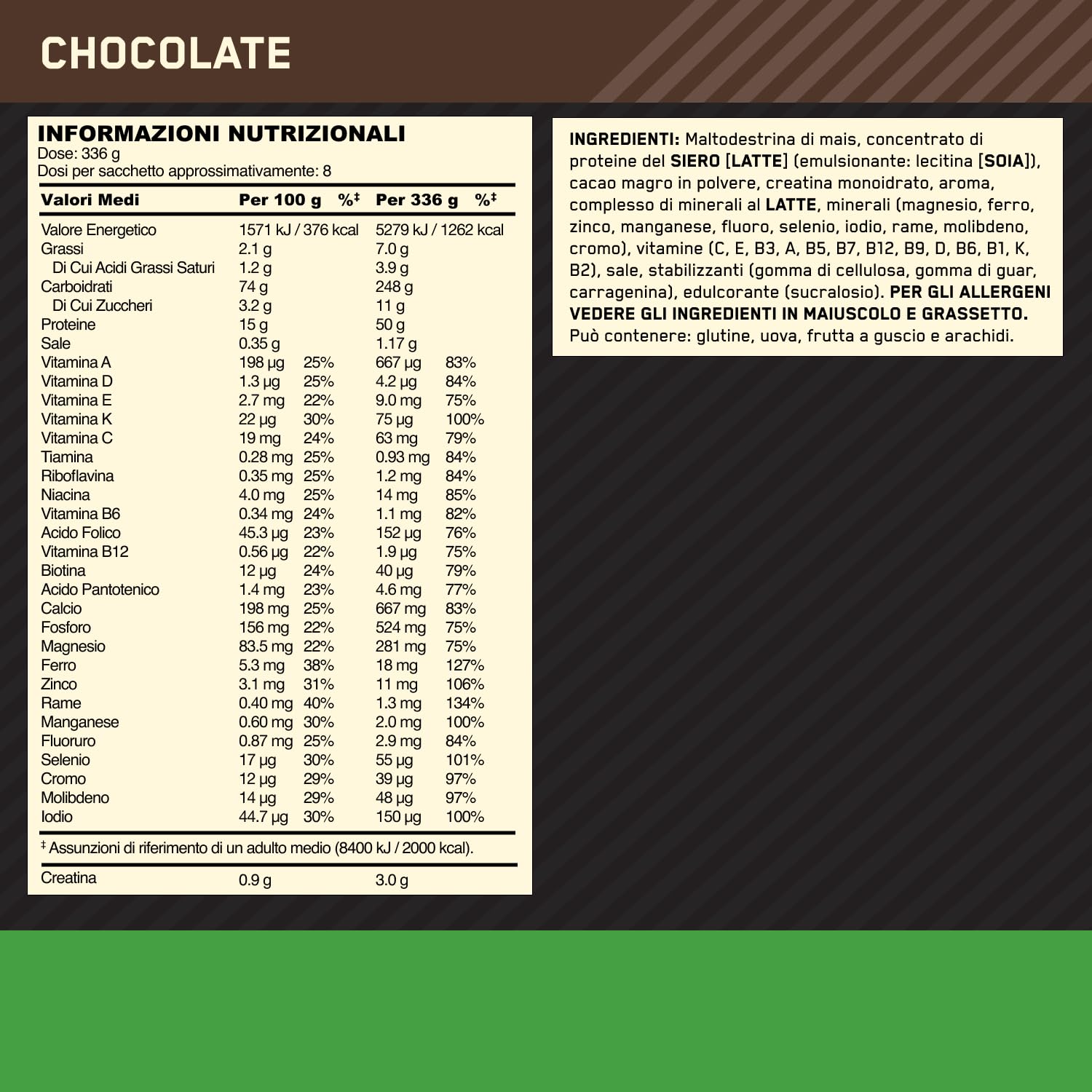 Optimum Nutrition Serious Mass Proteine in Polvere ad Alto Contenuto Calorico per Aumentare il Peso, con 25 Vitamine e Minerali, Creatina Monoidrato e Glutammina, Gusto Cioccolato, 8 Dosi, 2,73 kg