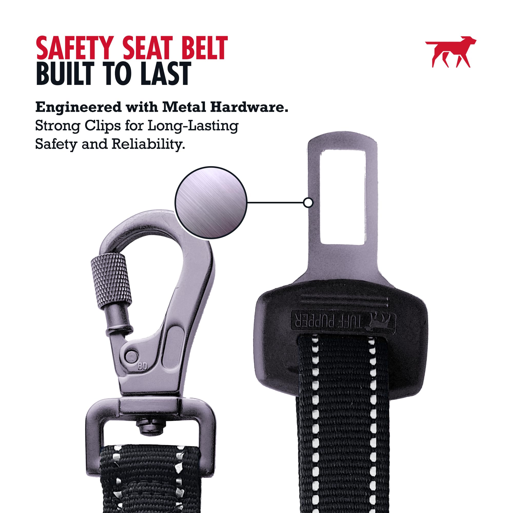 Tuff Pupper Ceinture de sécurité pour chien | Longueur réglable | Mousqueton de verrouillage anti-nœuds | Élastique absorbant les chocs | Coutures réfléchissantes pour plus de visibilité | Ajustement