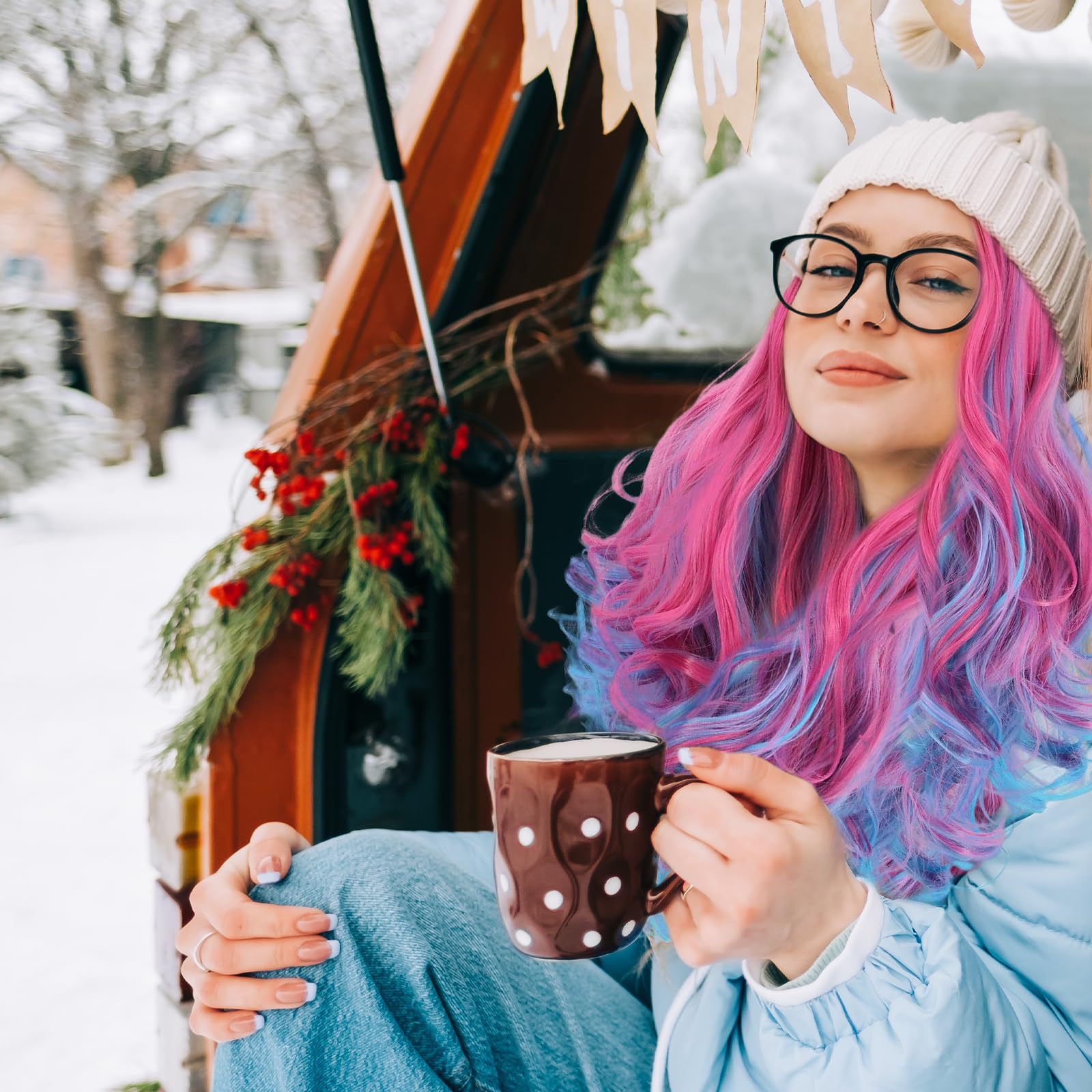 Lila Ombre Rosa Perücke 70cm für Kinder und Frauen - Lang Gewellt Gelockt mit Mittelscheitel für Cosplay Anime Kostüm Karneval Maskerade