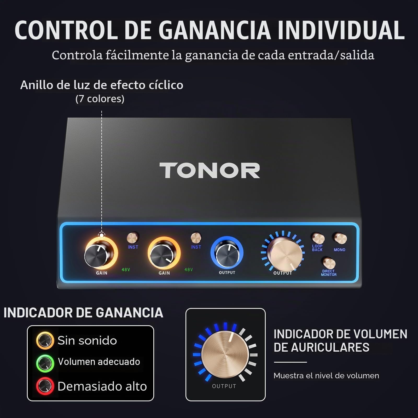 Interfaz de Audio TONOR, Mezclador de Audio de 2 Canales XLR con RGB para Creadores, Botón de Retorno, Grabación de Estudio, Pre-amplificador Profesional para streaming, Podcasting, TX510 Negro