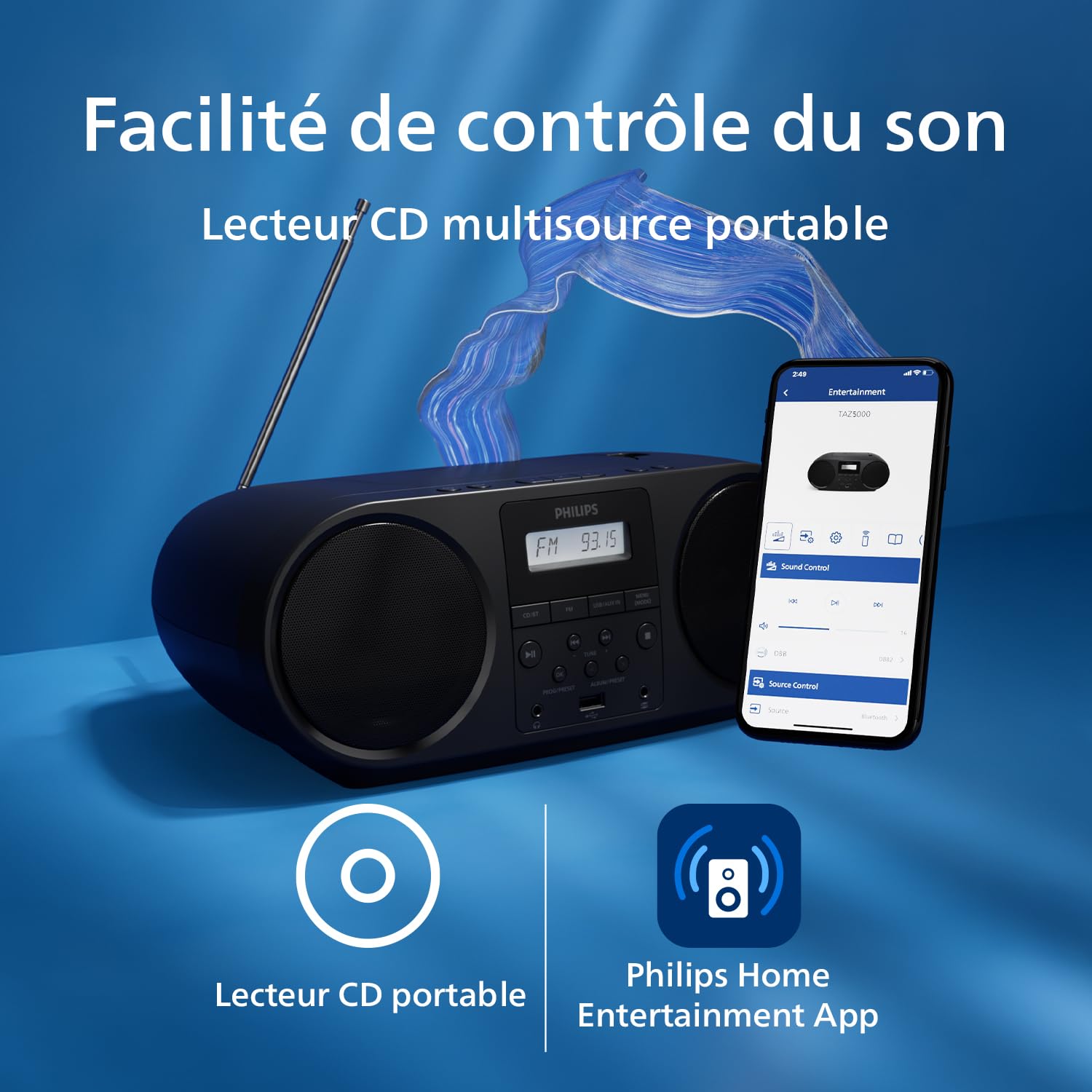 Philips TAZ5000 Lecteur CD Radio FM Bluetooth 5.4 USB Batterie Alimentation CA Amplification Dynamique des Basses Prise Casque 3,5 mm